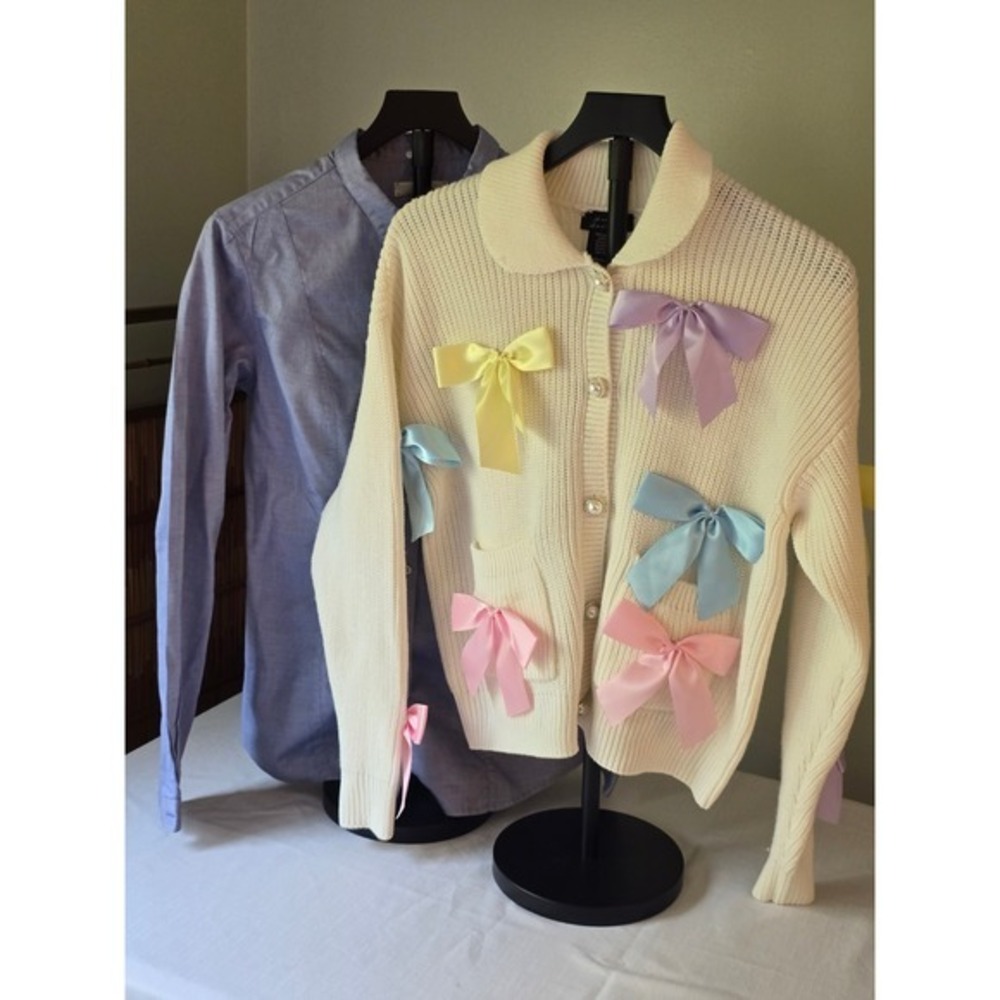 Sweet Society Pastel Bow Cardigan & Blue Button Down Shirt Bundle Set Coquette